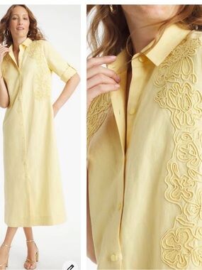 Chicos Linen Cotton Shirtdress Size 8 Vanilla Yellow Pockets Embellished